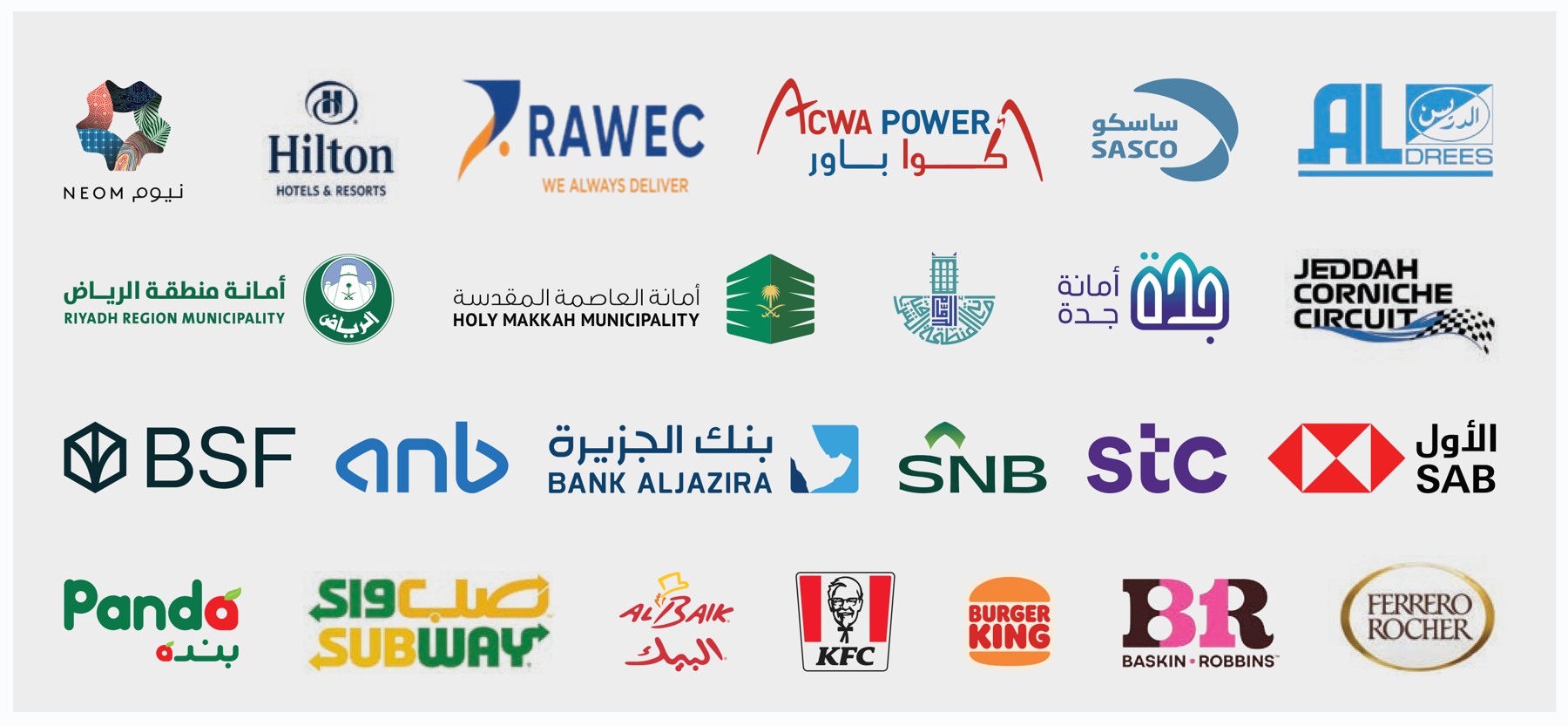PAKY ART valued clients — NEOM, Hilton, RAWEC, ACWA Power, SASCO, Al Drees, Riyadh Region Municipality, Holy Makkah Municipality, Jeddah Municipality, Jeddah Corniche Circuit, Banque Saudi Fransi, Arab National Bank, Bank AlJazira, SNB, stc, SAB, Panda, Subway, Al Baik, KFC, Burger King, Baskin Robbins, Ferrero Rocher